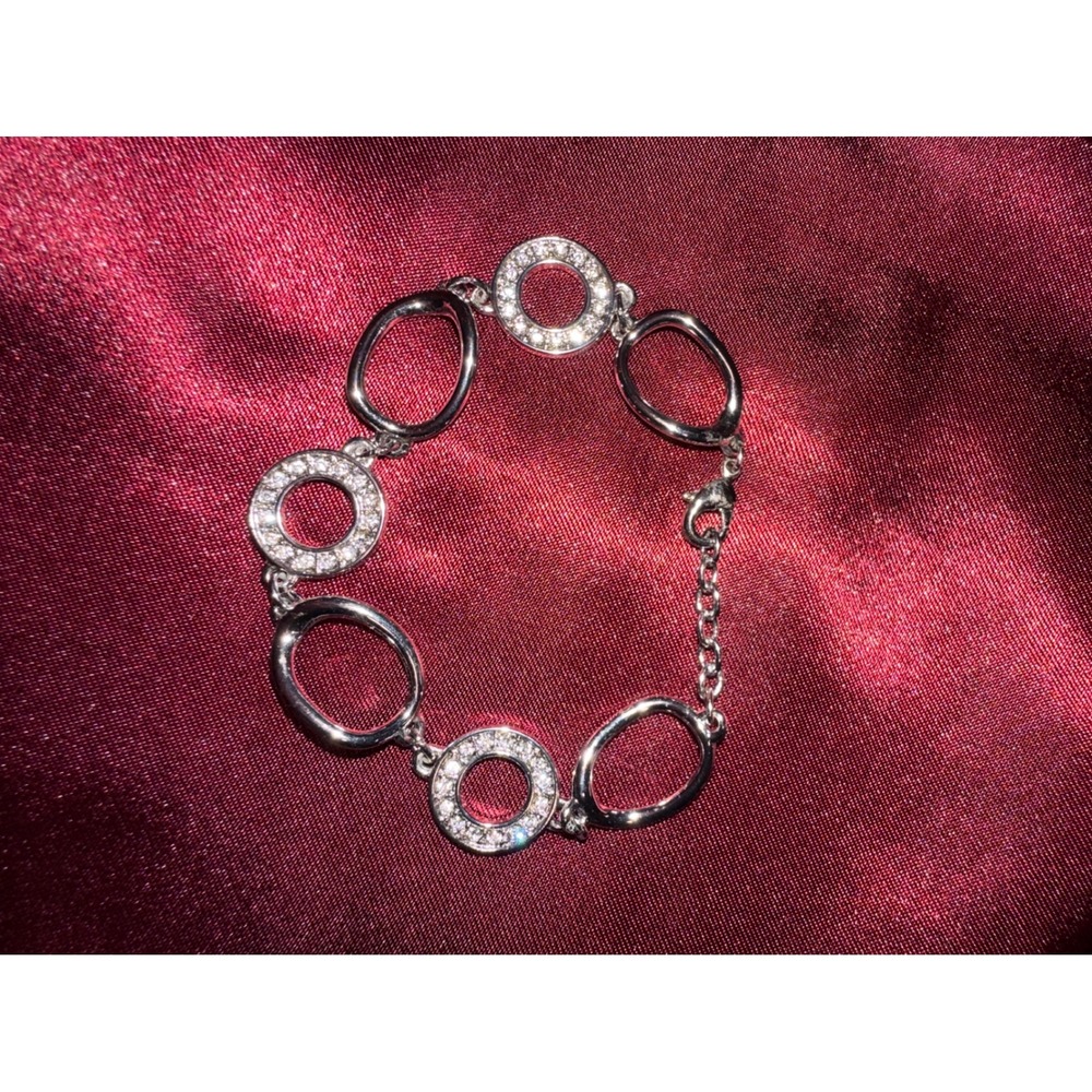 Silver Tone Pave Crystal Circle and Oval Link Bracelet Adjustable Lobster Clasp